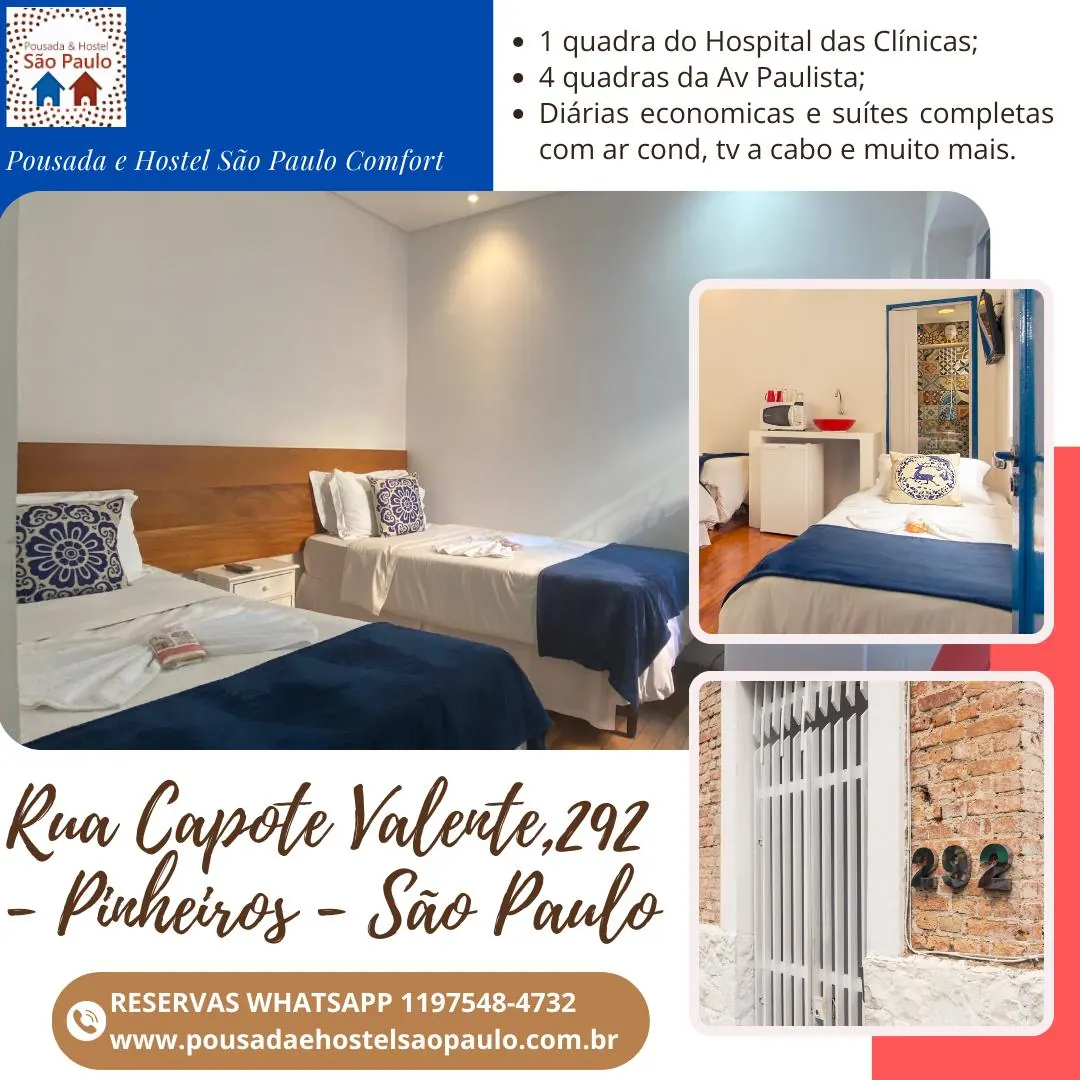 Endereço da pousada em Pinheiros - Rua Capote Valente 292, próximo ao metrô Oscar Freire e Paulista